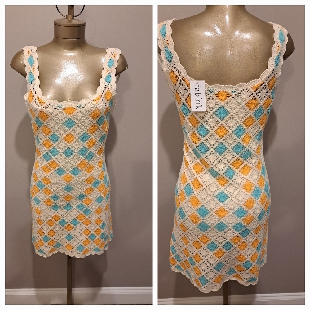 Fab'rik Orange, Turquoise & Cream Crocheted Boho Mini Dress - Picture 2 of 8